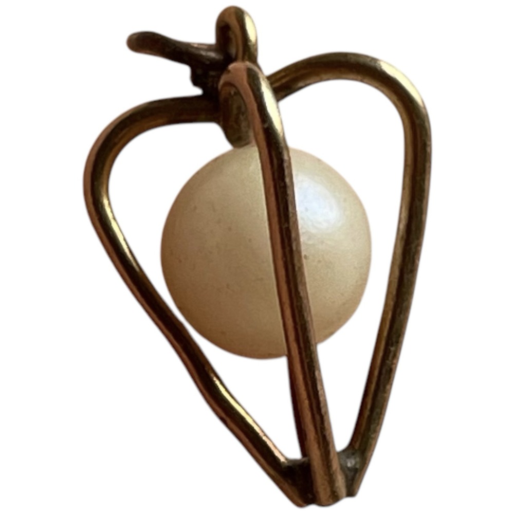 Vintage Brass-Tone Cage Pendant Charm Cream Pearl-Like Sphere Mid-Century Style